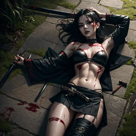 1 girl, sexy, beautiful samurai, katana, samurai, muscular abs, navel, fantasy, sensual, cropped corset goth top, mini skirt, beautiful asian goth girl, sexy, deep navel, heavy goth makeup, armpit, fighting, sweaty skin, blood, wounded, undead, red blood, ...