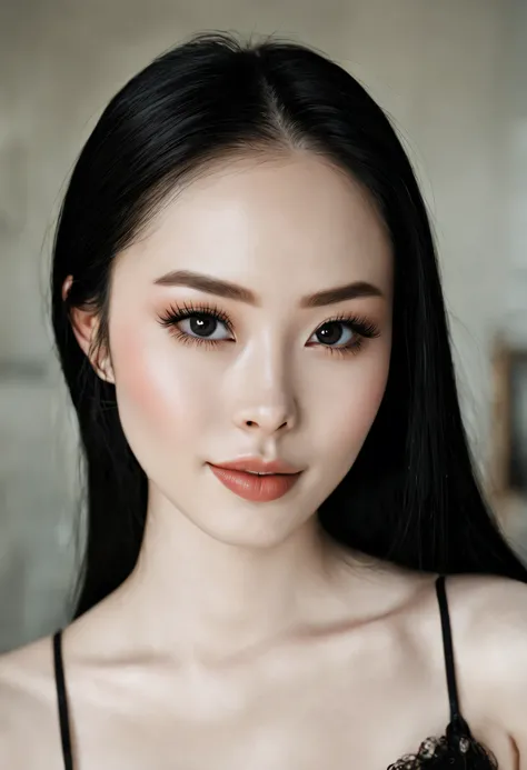 a photography of a female sitting in her room, pale skin, black long hair, 20 year old female, pointed chin, highly detail face, symmetrical, looking at viewer, flawless face, smirking, big shine black eyes, slim face, perfect thick heart shaped lips, uptu...