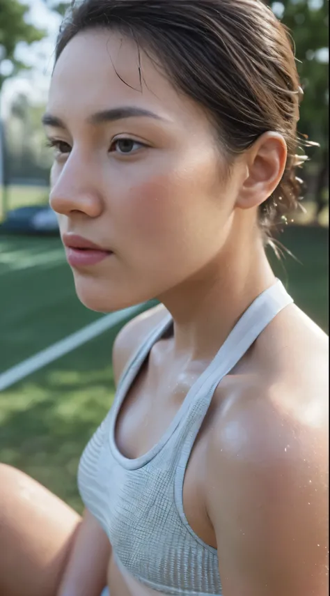 outdoor,((Overhead shot)), ((focus on face)), ((enlargement)), ((side view)), portrait, 150mm, alone, a girl sitting down and take a break on the ground after hard training with a sweaty body, 1 girl, ((17 year old student, beautiful face, perfect body, a ...