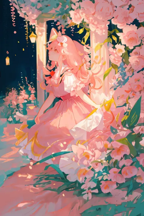 In the enchanting scene of a peach garden, a charming girl adorned in pink clothing is depicted. The garden is filled with luscious peach trees, their blossoms bursting with a soft, pink tone. The girl wears a pink blouse and a matching skirt, accessorized...