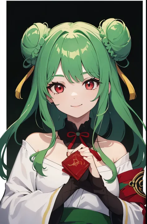 (8k、best image quality、highest quality、masterpiece)、detailed face、1 girl、green hair double bun、dull bangs、red eyes、smile、red chima jeogori、long sleeve、shot from below、Upper body