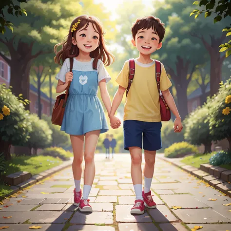 two childhood couples walked hand in hand on the campus path, smiling brightly, happy, perfect quality, clear focus (clutter - home: 0.8), (masterpiece: 1.2) (realistic: 1.2) (bokeh) (best quality) (detailed skin: 1.3), (intricate details) (8K) (detailed f...