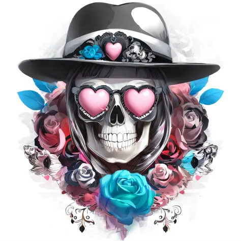 design, cute, skull, Stylish hats, Colorful Hearts