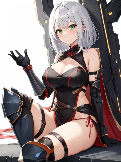 anime girl with big breasts, jk, white hair, forehead, medium hair, green eyes, black cheongsam, knee guards, elbow guards, sci fi background, fantasy background, white background