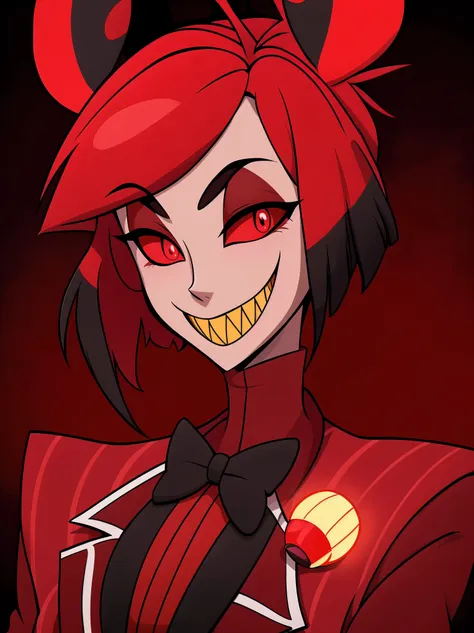 alastor (radio demon) hazbin hotel, perfect anatomy, mesmerizing red eyes, antlers, 8k resolution, (single person), masterpiece,...