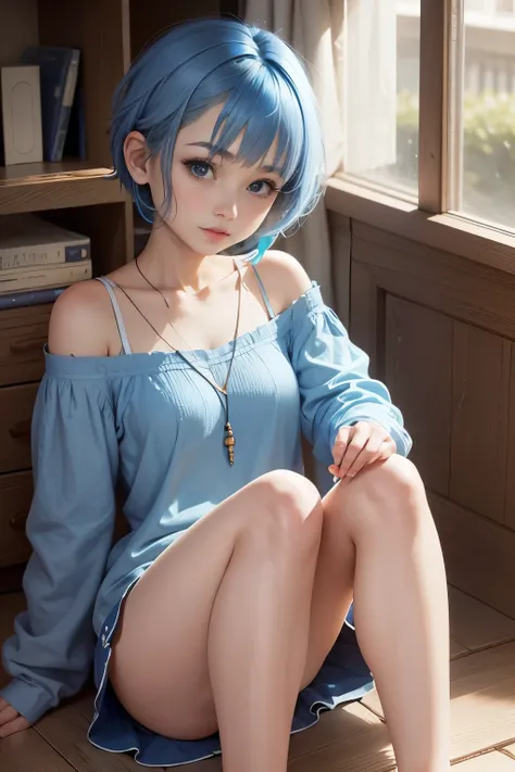 Cute girl, facebook, short blue hair, ((f)), blue and white clothes, storyteller, informant, philanthropist