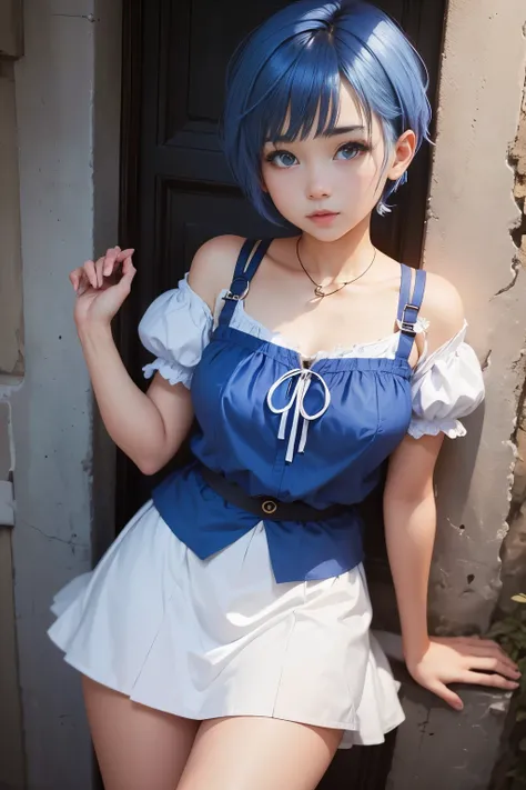 Cute girl, facebook, short blue hair, ((f)), blue and white clothes, storyteller, informant, philanthropist