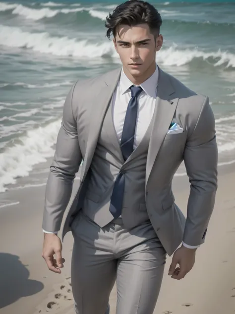 very handsome muscular male model wearing gray suit and full length tie on the beach, short hair