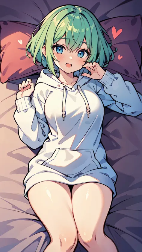 ((A Pretty girl with green hair and blue eyes lying on the bed)), ((wearing white hoodie)), ((heart sign)), Baby face, ((master piece, top-quality, ultra-definition, high resolution)), anime girl, ((ultra-detailed illust:1.2)), only one person, bangs, hair...