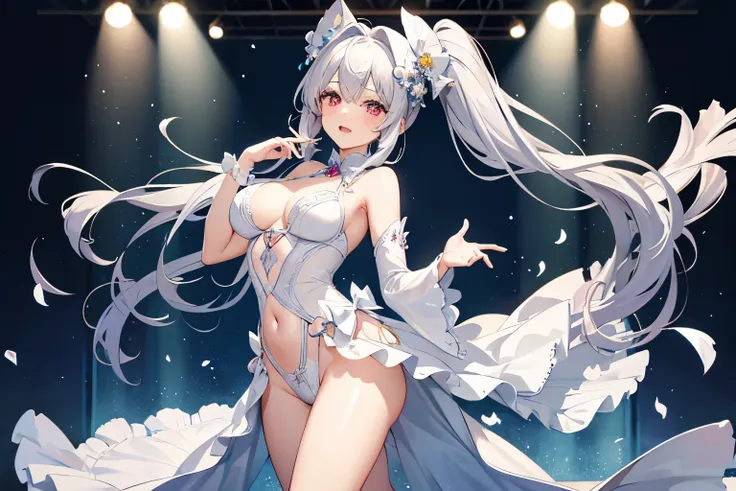 （highest quality、masterpiece、Beautiful finish、normal body、A body without defects）pole dance、silver-haired beautiful girl、raising one&#39;s feet、raising legs、standing on one leg、sheer dress、taking off clothes while dancing、Enchanting dances、Wearing transpar...