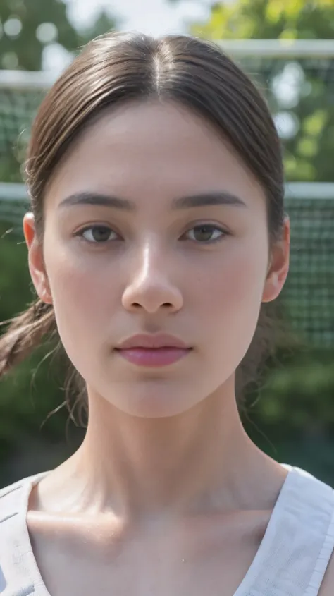 Outdoor,((overhead shot)), ((focus on face)), ((close up face)), portrait, 150 mm, Solo, a girl sitting down and take a break on the ground after hard training with very sweaty body, 1 girl, ((17 years old student, beautiful face, perfect body, very sweaty...