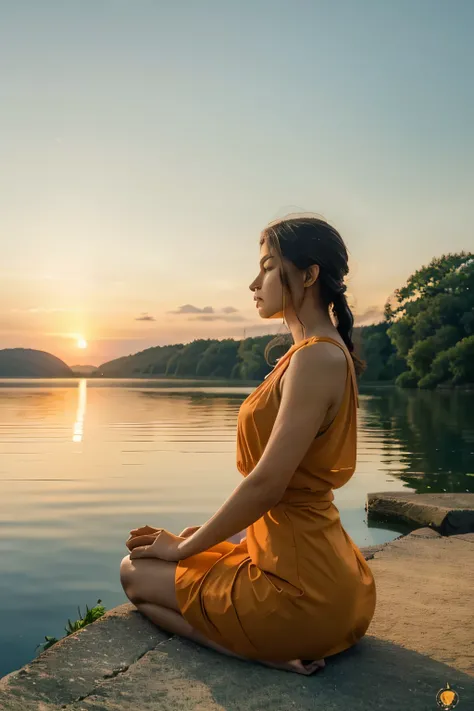 (a male person meditating in orange dress),2x zoomout shot(peaceful atmosphere),(beautiful sunset),(lush green plants),(serene), (harmony with nature),(tranquil),(calm),(serenity),(deep concentration),(stillness),(gentle breeze),(serene gaze),(soft lightin...