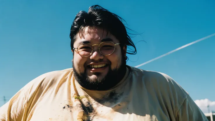 Fujicolor C200 film still. A dreamy bust-up of a fat young man with unkempt hair and a dirty face floating in the blue sky。swimsuit。dirty teeth。Dirty glasses。smile. soft and natural skin tone. bright diffused light. in the style of documentary photography,...