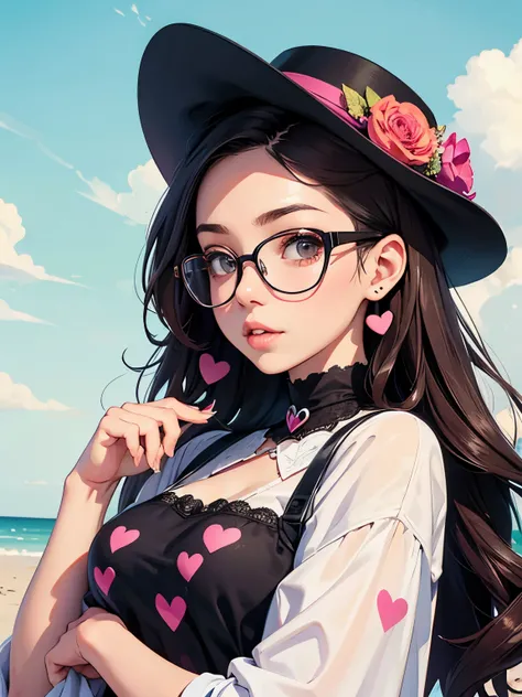 design, kawaii, most lovely skull, lips in love, fashionable hat, fashionable eyeglasses, beautiful flowers, colorful hearts, top quality