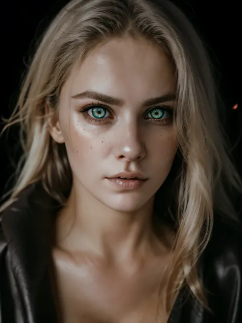 Analog photo, (Best quality:1.4), (ultra detailed:1.4), full body shot of pale blonde woman, intense glowing eyes, black spiked outfit, demonic, hell, cute sexy, (detailed face, detailed eyes), (Photorealistic:1.4), (film grain, depth of field)