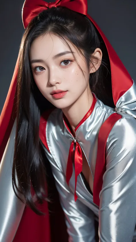 (Raw photo) , Detailed features , perfect face , perfect eyes , detailed eyes , (beautiful:1.50) , beautiful chinese girl in her 20s with long hair  in a ponytail , smiling , (((long voluminous high collar silver satin and red lined cape tied at the neck w...