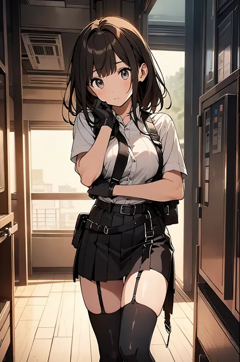 brown hair、looking at the viewer　　suspenders　　　big swollen breasts　　 　 　　　　black mini skirt　garter belt　knee high socks　　　　　　Aerial perspective　　　small face　bangs 　　　　　Beauty　　hands up　　 　sideways view 　black boots 　provocation　　　one person 　　　cutter shirt...