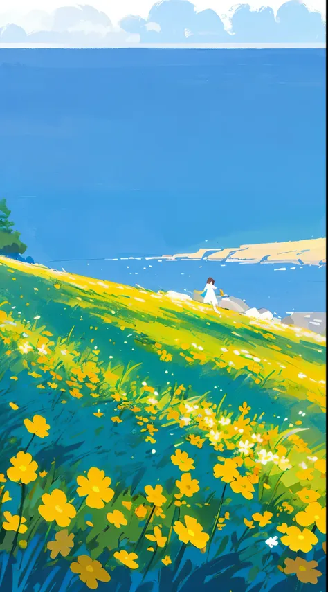 outdoors, flower, scenery, day, white flower, sky, ocean, tree, water, blue sky, grass, solo, standing, field, yellow flower, wi...