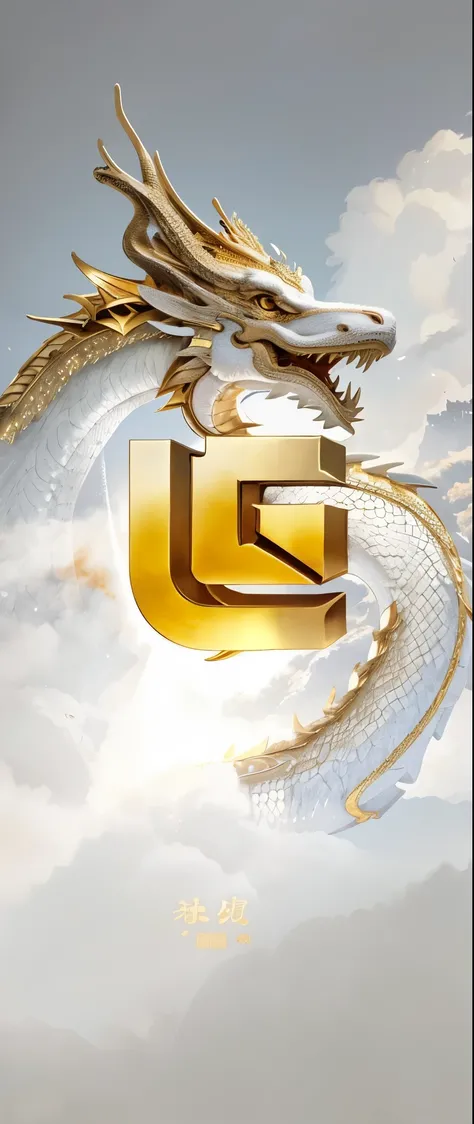 There is a dragon flying in the sky，There is a letter in the middle， [Chinese dragon]，white dragon, ，Ancient Chinese dragons，Xiangyun，national trend，metallic feel，Magazine poster，(((super cute golden dragon)))，HD real，golden scales，HD pictures，soft light，