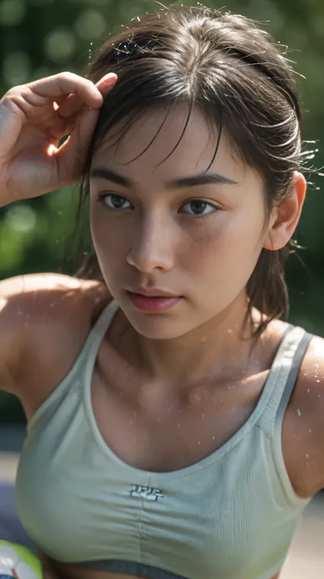 Outdoor,((overhead shot)), ((focus on face)), ((close up face)), portrait, 85mm, Solo, a girl sitting down and take a break on the ground after hard training with very sweaty body, 1 girl, ((17 years old student, beautiful face, perfect body, very sweaty b...