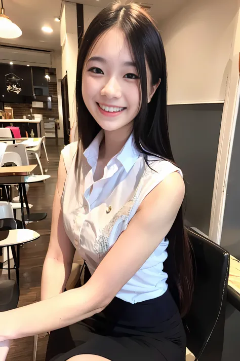 pretty teenage woman, 19 years old, white and smooth skin, slender shape, thailand university uniforms , long black hair, smile,...