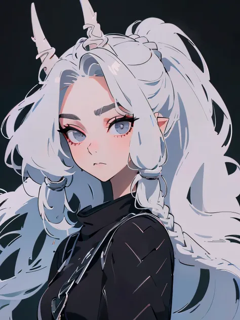 half-dragon female, tall, athletic build, fair skin, long white wavy hair, braided in a ponytail with many small braids, two lon...