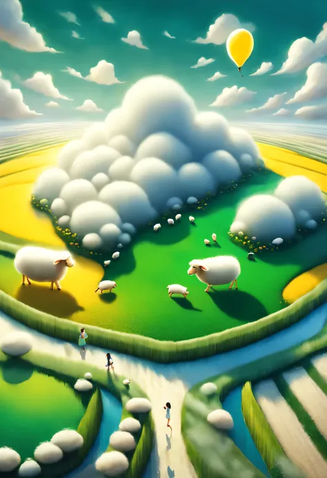 Aerial View的 3D 渲染,(2 lovely fat cartoon Foot shape rice fields: 0.85), toes are yellow, soles are green, Foot shape, green, yellow, gradient color, path, children, sheep, ox, breeze blows, Rice swaying in the wind, Sunlight, happy atmosphere, National Geo...