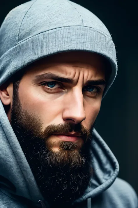 there is a man with a beard and a hoodie on, rugged man portrait, inspired by Ludovit Fulla, portrait shot 8 k, serious focussed look, menacing look, fan art, inspired by Edi Rama, roguish smirk, handsome man, rugged face, portrait shot, in profile, lookin...