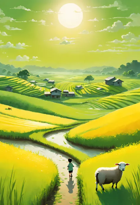 Bird&#39;s eye view digital art, paddy, green, yellow, slope, path, child, sheep, dairy cow, breeze blows, Rice swaying in the wind, Sunlight, happy atmosphere, National Geographic National Geographic, Striped circles and shapes Striped circles and rings, ...