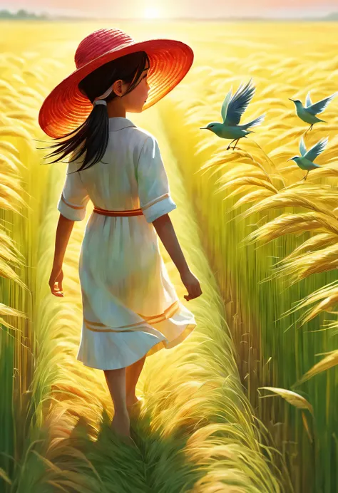 Bird&#39;s eye view digital art, Endless rice fields, green, yellow, Kaneko, curry, A little red, slope, path, Back view of a group of little girls wearing white clothes and straw hats, farmer, breeze blows, Rice swaying in the wind, Sunlight, happy atmosp...