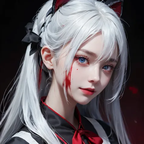 alone girl , Medium length hair tied back on the side. , White hair mixed with blue , glowing blood red eyes , smile , Wear a dark red hotel staff uniform. , Black bow on the collar , holding a knife filled with blood , Body stained with blood