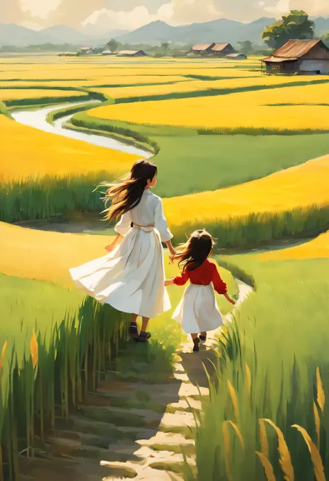 Bird&#39;s eye view digital art, In the endless rice fields, The back of a little girl standing，long hair，white skirt，bow tie, green, yellow, Kaneko, curry, A little red, slope, White farmhouse in the distance, breeze blows, Rice swaying in the wind, Sunli...