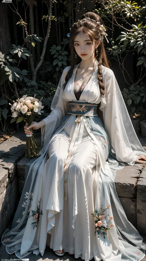 hanfu, 1girl, ((full body)), ((from below)), in the mountains, sit on rock, plant, bouquet, show off your exquisite figure and g...