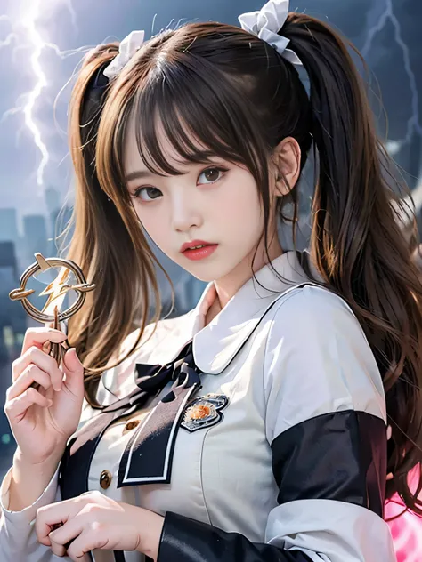 (RAW image quality:1.4)、highest quality、masterpiece、ultra high resolution、(Photoreal:1.4)、RAW photo、Detailed CG image quality、cyber punk、beautiful face、(1 Magical Girl)、16 years old, (black hair with twin tails:1.4), (white ribbon in hair), (platinum silve...