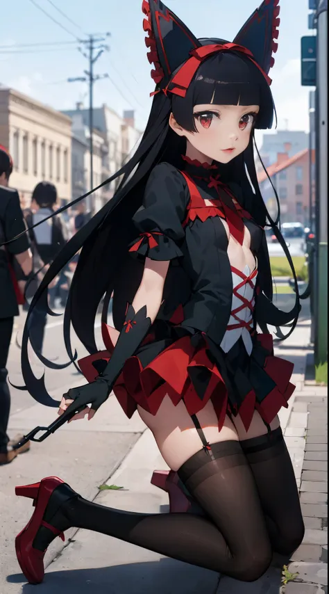 ,(((clothed))),black dress,rory mercury, rory mercury, black hair, dull bangs, princess cut, hair ornaments, red lipstick, long ...