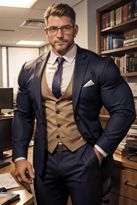 award-winning original photo, a wild muscular man (40 years old daddy:1.1), beards, burly, hunk, (office suits), eyeglasses,  de...