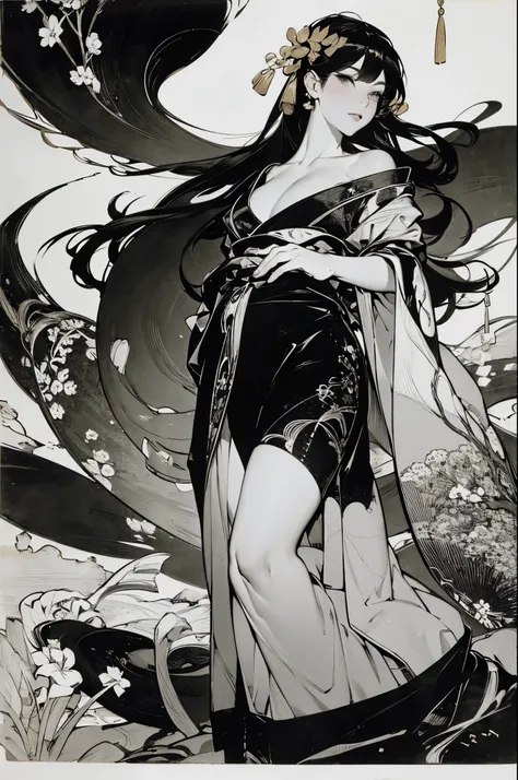 Umalinda warrior sexy, pretty face, Delicious Company, Alluring figure, Wearing a sexy open kimono. The artwork is created in a medium reminiscent of Japanese ink paintings....., 具有大胆的笔触和Monochromatic color palette. artist&#39;Masterful technique reveals t...