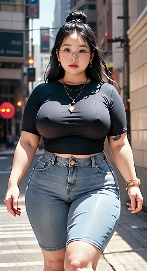 ((best quality)), ((masterpiece)), (detailed), perfect face, araffe woman in a dark-blue shirt and blue denim skirt walking down a street, thicc, she has a jiggly fat round belly, bbwchan, wearing tight simple clothes, skinny waist and thick hips, widest h...