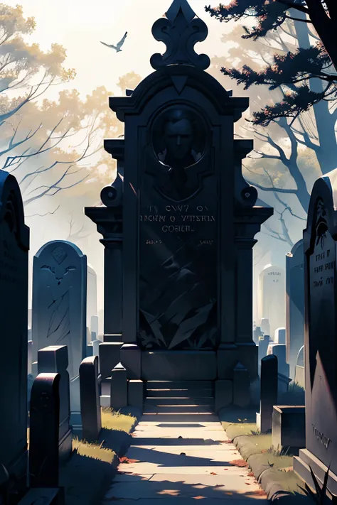 Enigmatic Cover for "Graveyard" by Stephen King: A tranquil aisle of a shaded cemetery, where a tombstone exudes a mournful aura, all while a raven flies above. Shadows stretch long, alluding to the dark secrets concealed among the graves, evoking an atmos...