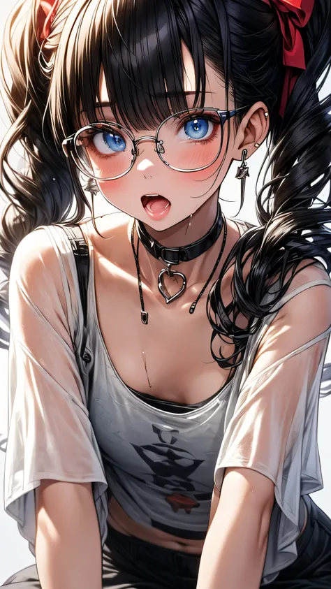 1 female,black hair, ,((anxious look)),beautiful breasts,sheer white tank top,good style,,(facing the front)(((cheeks turn red、surprised expression)),(((low ponytail))),((( upper body portrait)))frameless glasses,blue eyes,(((Bangs are uniform)))((See-thro...