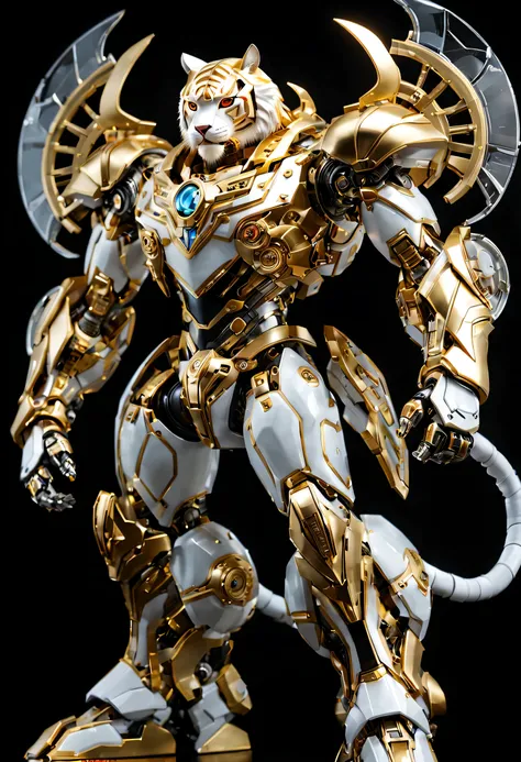 (full-body shot:1.5), (full view:1.5), personification,Pure black background, A platinum tiger transparent mecha stands on the ground in a fighting posture,Exquisite white transparent glass mechanical armor, Metal mechanical mask, Precision luminous electr...