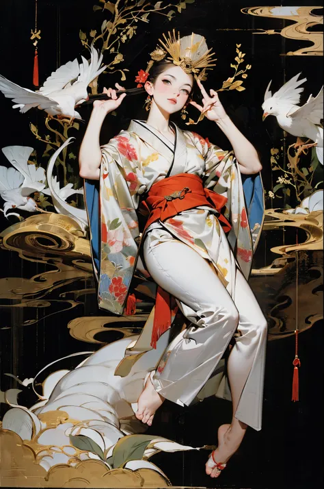 Umalinda warrior sexy, pretty face, Delicious Company, Alluring figure, Wearing a sexy open kimono. The artwork is created in a medium reminiscent of Japanese ink paintings....., 具有大胆的笔触和Monochromatic color palette. artist&#39;Masterful technique reveals t...