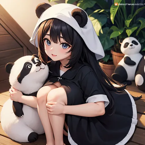 uma mulher,com cabelo preto,com olho castanho,com orelhas de panda e usando uma roupa de panda