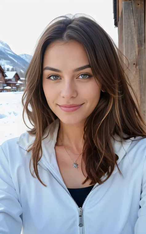 Selfie shot Beautiful brunette with blonde highlights takes a selfie photo, complete body, im gebirge, wearing a winter ski outfit  ,im winter schnee urlaub,al fresco, wirkliches Leben nature, Highly detailed, 21 Jahre alt, Unschuldiges Gesicht, Natural wa...