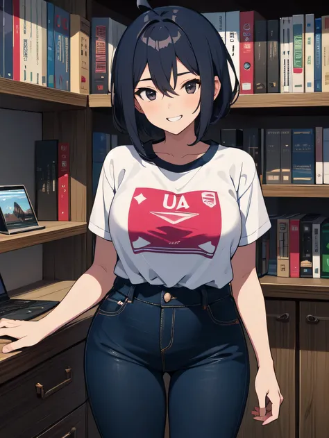 highest quality, anime art、1 girl, ((looking at the viewer)), dark blue hair, black eye, very short hair, spiky hair, Ahoge, T-shirt, high waist jeans, 171cm, messy hair, hair between eyes, medium breasts, big breasts, Plump, black skin, Tomboy, adult, 20-...