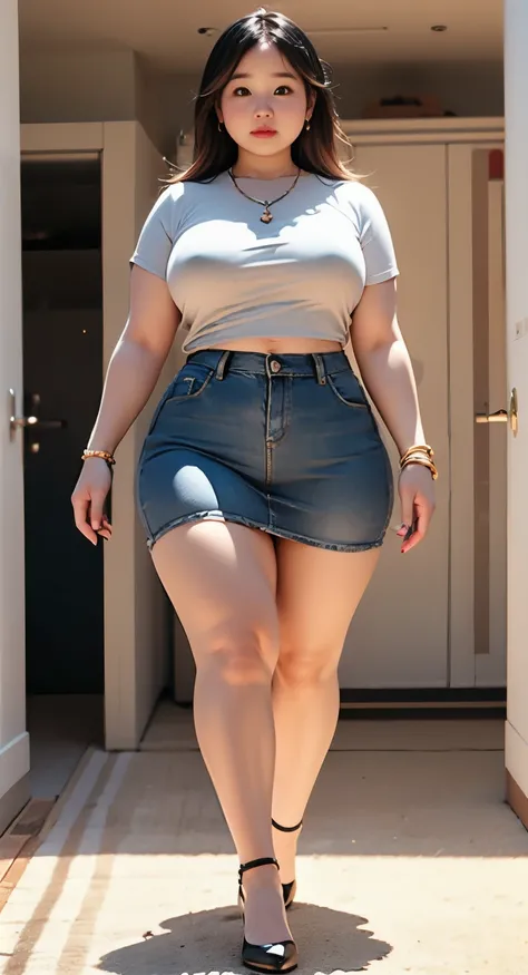 ((best quality)), ((masterpiece)), (detailed), perfect face, araffe woman in a dark-blue shirt and blue denim skirt walking down a dark room, thicc, she has a jiggly fat round belly, bbwchan, wearing tight simple clothes, skinny waist and thick hips, wides...