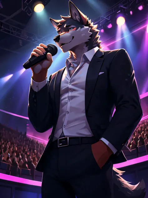 4k, high resolution, best quality, perfect colors, perfect shadows, perfect lighting, posted on e621, (by Chunie), onstage, Singing in front of an audience, vigorously, spotlights, hold the mic, male, furry, Wolf anthro, eyes, (Realistic eye details 1.2), ...