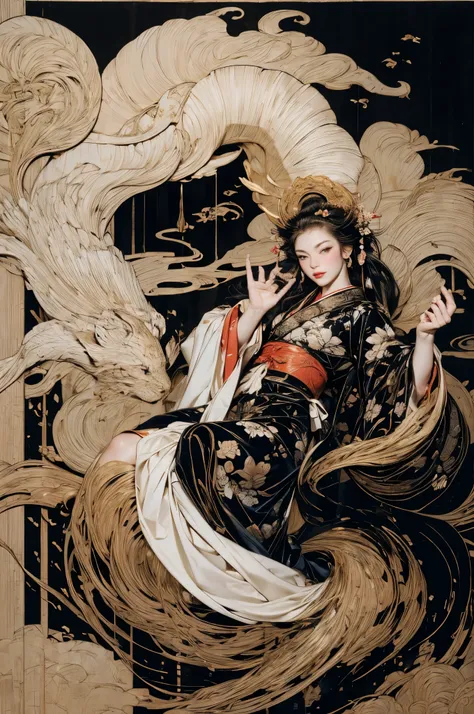 Umalinda warrior sexy, pretty face, Delicious Company, Alluring figure, Wearing a sexy open kimono. The artwork is created in a medium reminiscent of Japanese ink paintings....., 具有大胆的笔触和Monochromatic color palette. artist&#39;Masterful technique reveals t...