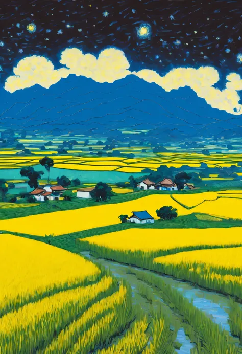 Rice fields and Van Gogh&#39;starry night，The back of a girl in the distance