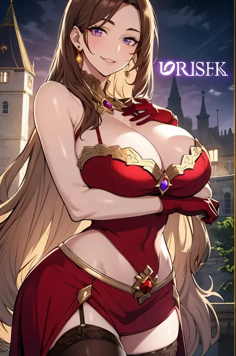 Lian, light brown hair, hair stick, bangs, violet eyes, solo, smiling, standing, upper body, hips, bare shoulders,purple thighhighs, red dress, gold jewelry,armor,gloves,circlet, cleavage, red and gold royal castle, gigantic breasts, (best quality, masterp...